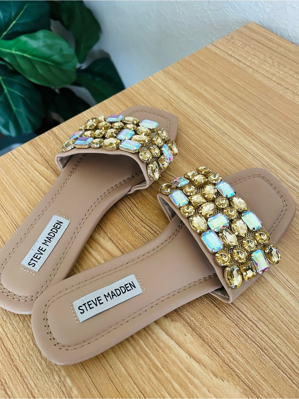 Steve Madden Nude Slide Sandals with Gold and Iridescent Jewels